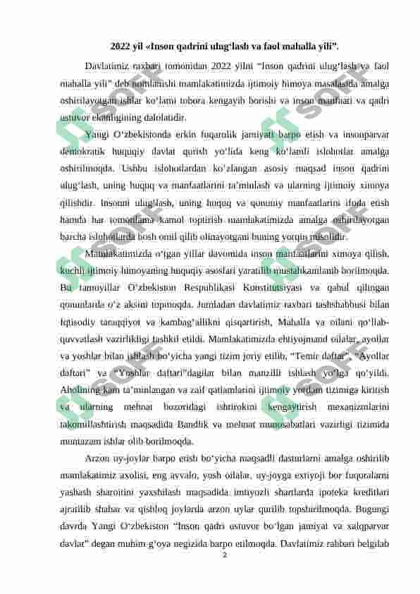 2022 yil «Inson qadrini ulug‘lash va faol mahalla yili”. 2