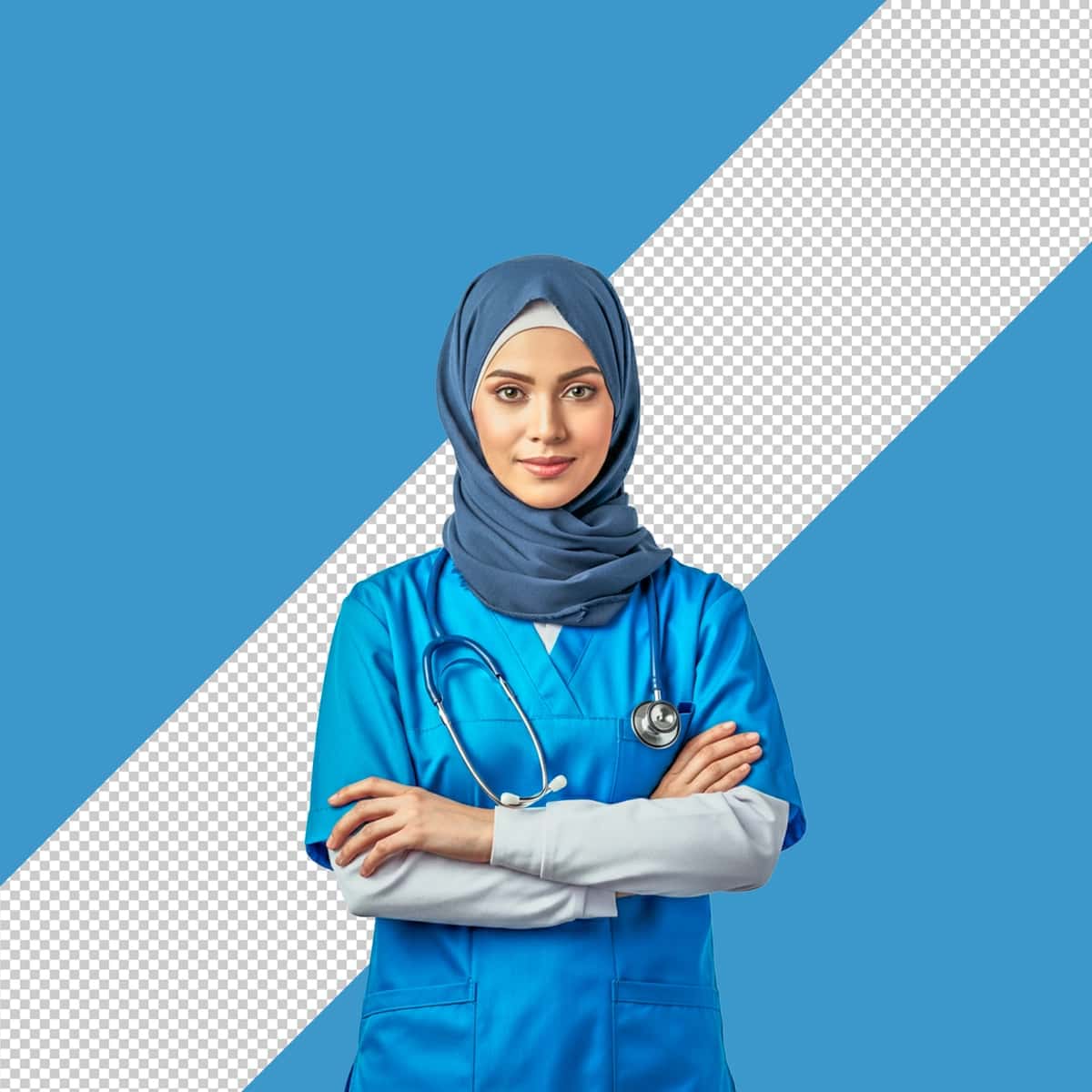 Moviy hijobli ayol old ko'k fonda stetoskop bilan turibdi | Woman blue hijab stands front blue background with stethoscope 1