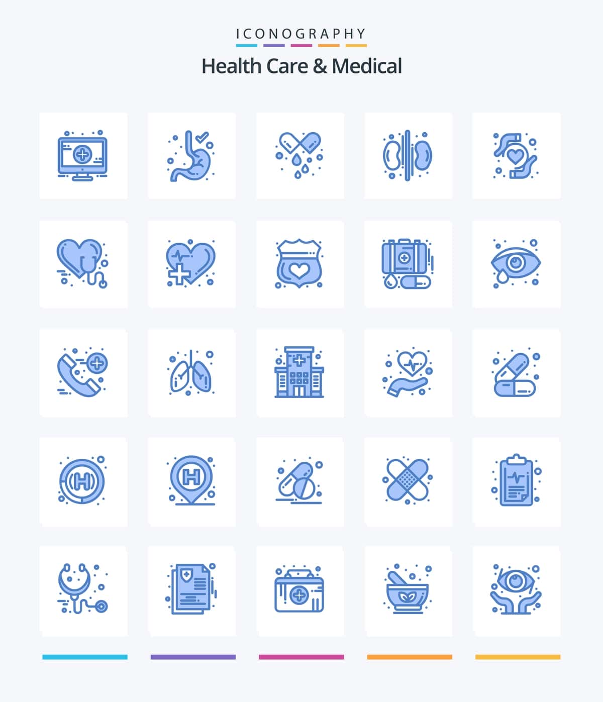 Ijodiy sog'liqni saqlash tibbiy 25 ko'k piktogramma to'plami, masalan, yurakni parvarish qilish | Creative health care medical 25 blue icon pack such as care heart 1