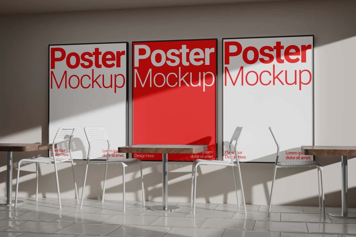 Zamonaviy kafelar uchun uchta vertikal poster maketi | Three vertical poster mockups modern cafe setting 1