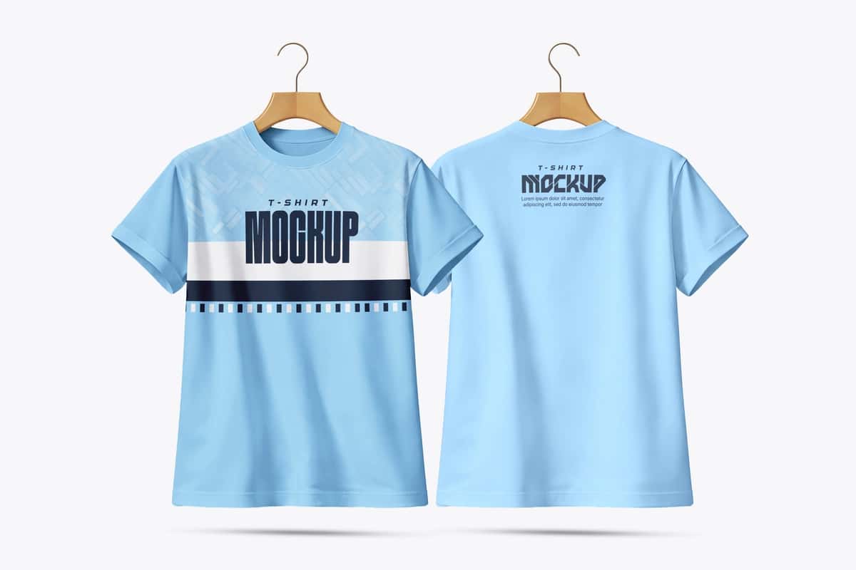 Och ko'k rangli futbolka maketining old va orqa ko'rinish ilgichlari | Light blue t shirt mockup front back view hangers 1