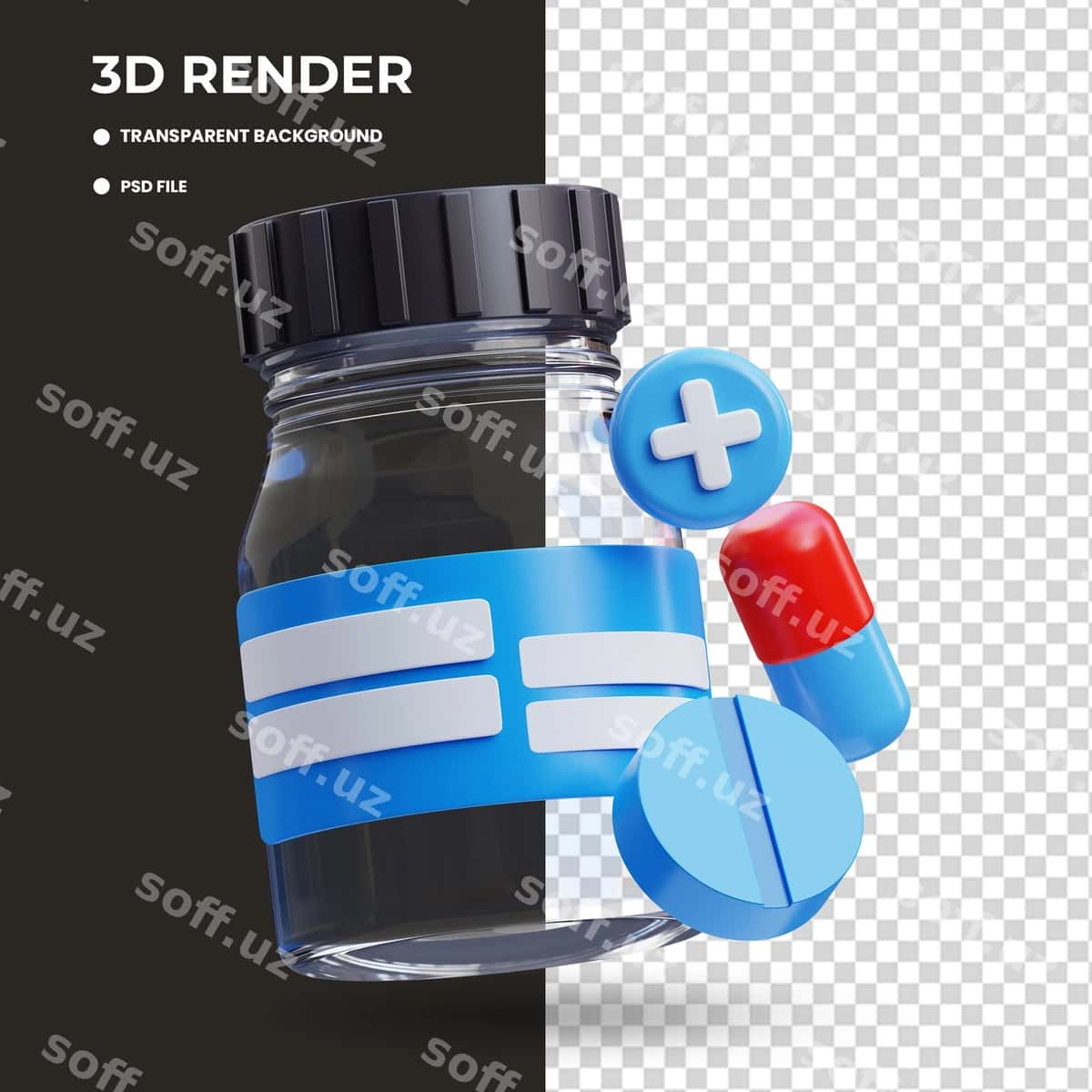 3d render dori shishasi tabletka | 3d render medicine bottle pills 1