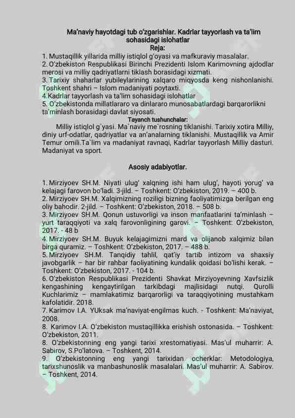 Ma’naviy hayotdagi tub o‘zgarishlar. Kadrlar tayyorlash va ta’lim sohasidagi islohatlar