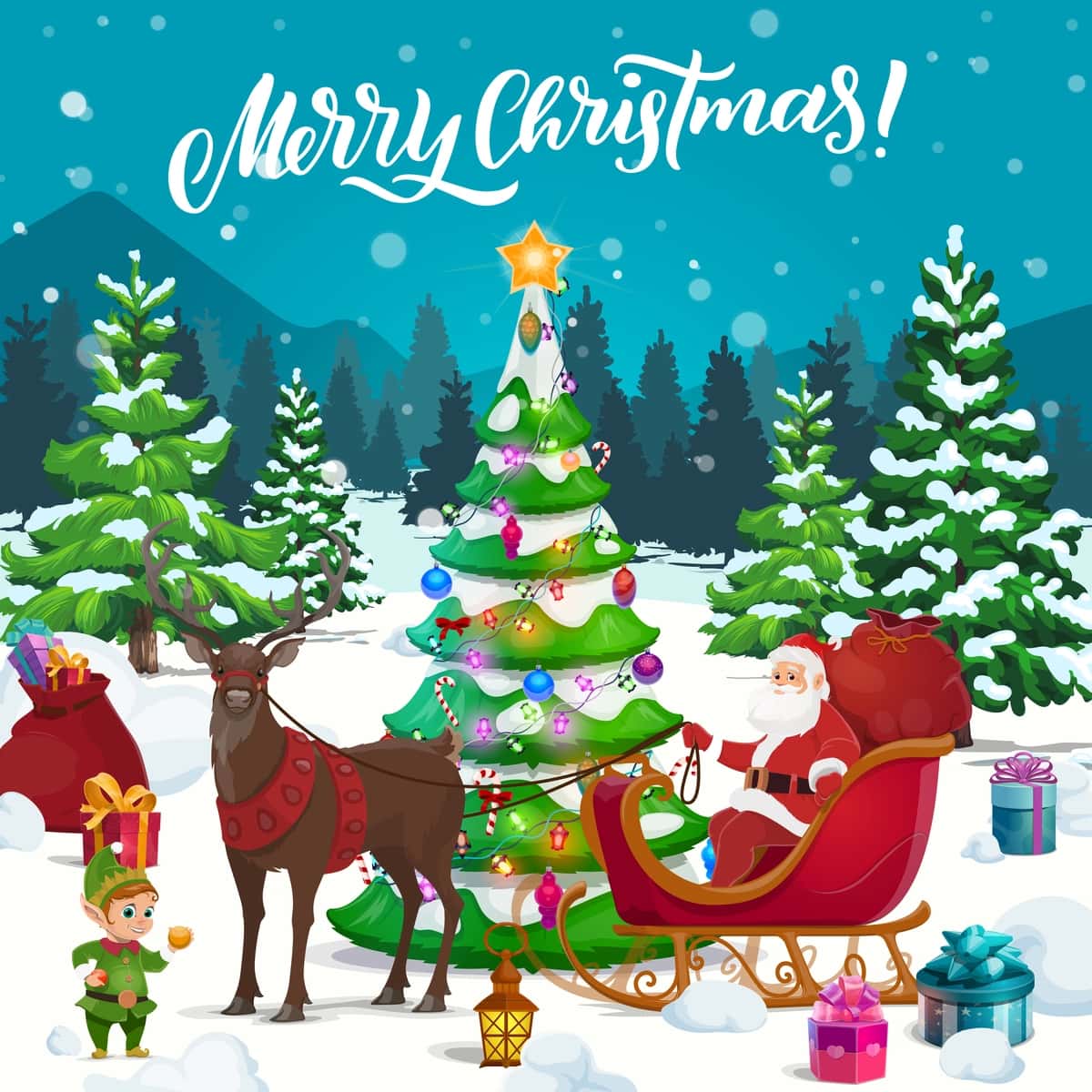 Qorbobo Rojdestvo sovg'alari bilan bug'u chanasi bilan | Santa with xmas gifts elf reindeer sleigh 1