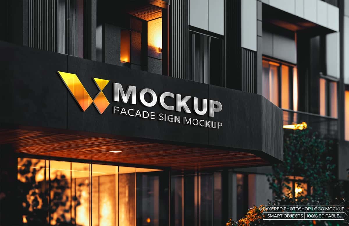 Haqiqiy 3D logotipi zamonaviy bino jabhasi | Realistic 3d logo mockup modern building facade 1