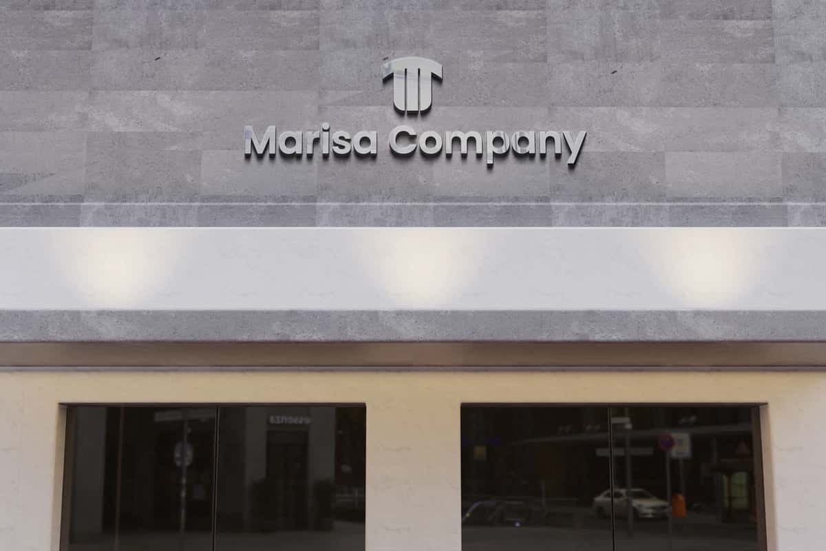 3D Chrome logotipi zamonaviy fasad belgisi | 3d chrome logo mockup modern facade sign 1