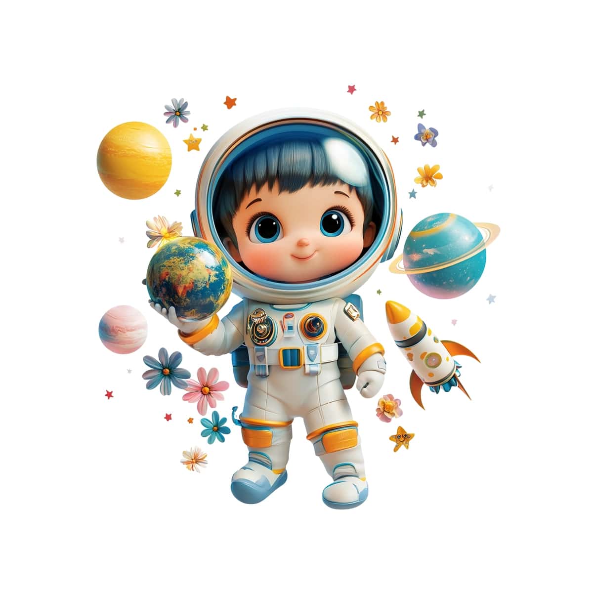 Yoqimli kosmonavt chaqaloq sayyoralar gullari bilan kosmosni kashf etmoqda | Adorable baby astronaut exploring space with planets flowers 1
