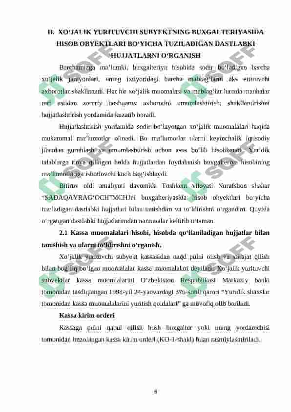 Korxona MChJ buxgalteriyasi amaliyot hisoboti 8