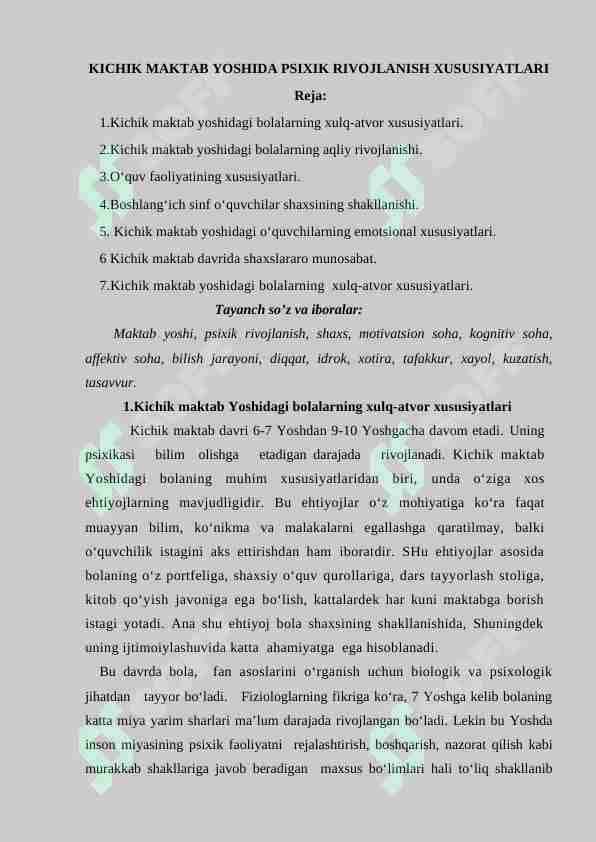KICHIK MAKTAB YOSHIDA PSIXIK RIVOJLANISH XUSUSIYATLARI
