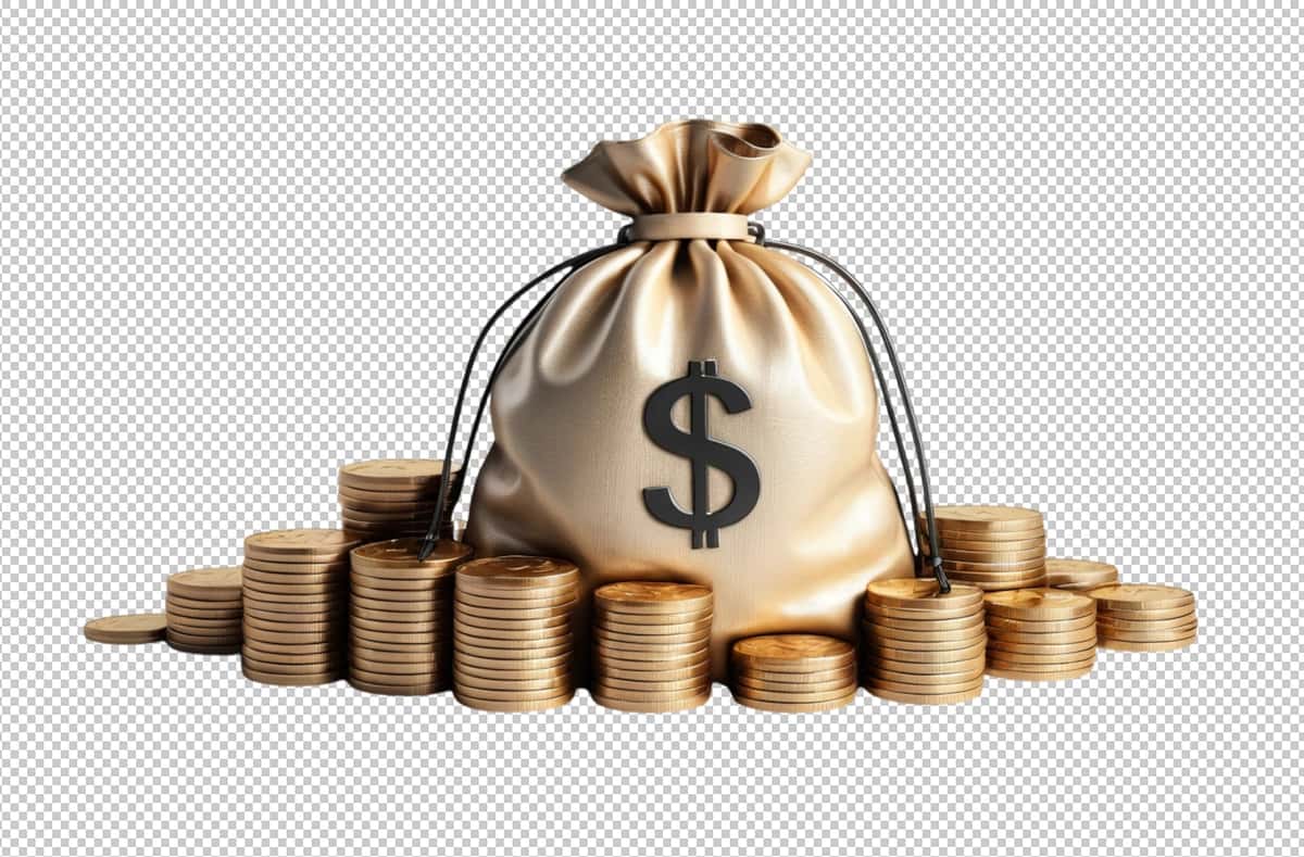 Haqiqiy 3D renderli tangalar bilan pul sumkasi | Money bag with stacked coins realistic 3d render 1