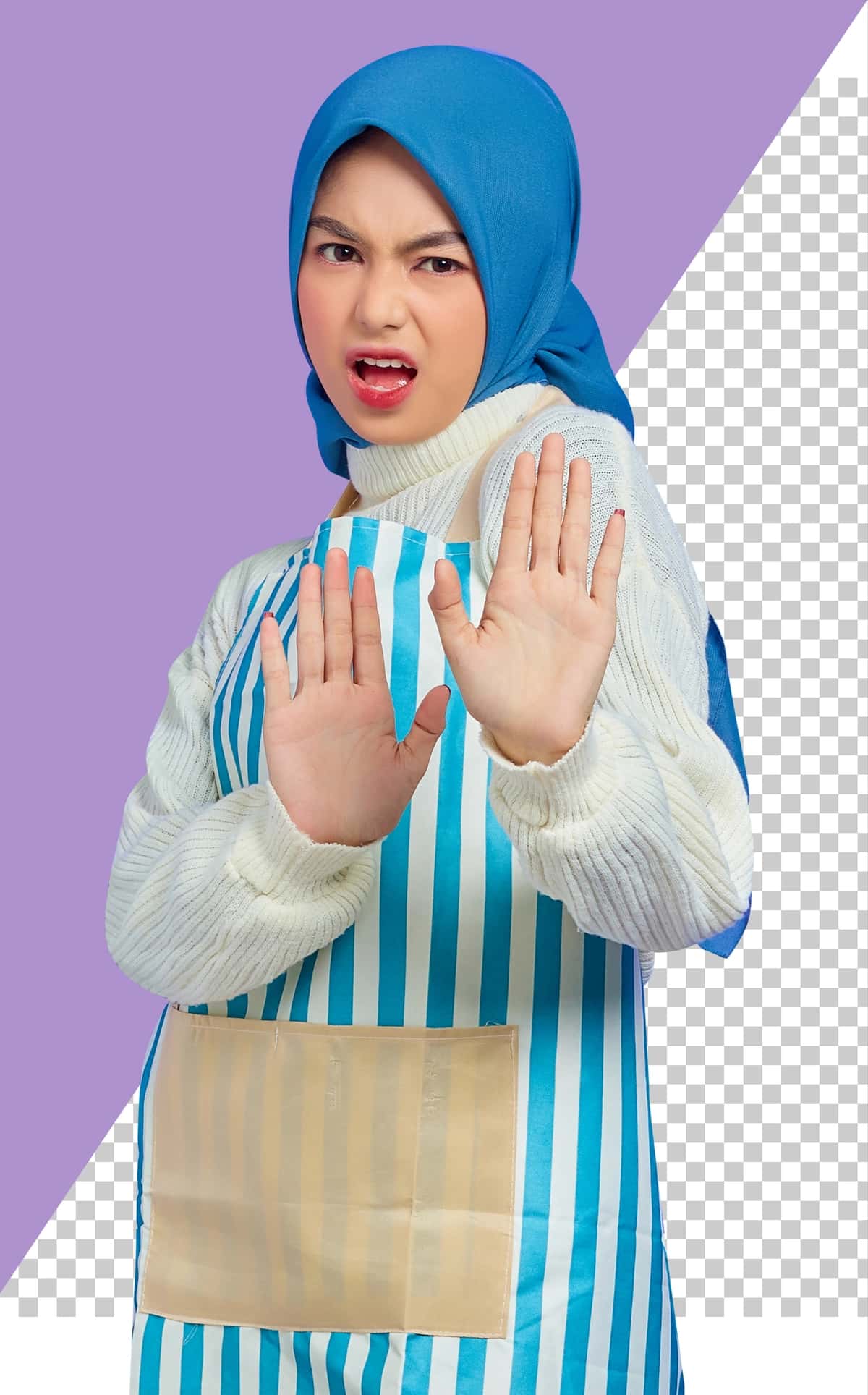Portret g'azablangan yosh osiyolik musulmon ayol hijobli chiziqli fartuk ko'rsatmoqda | Portrait angry young asian muslim woman hijab striped apron showing 1