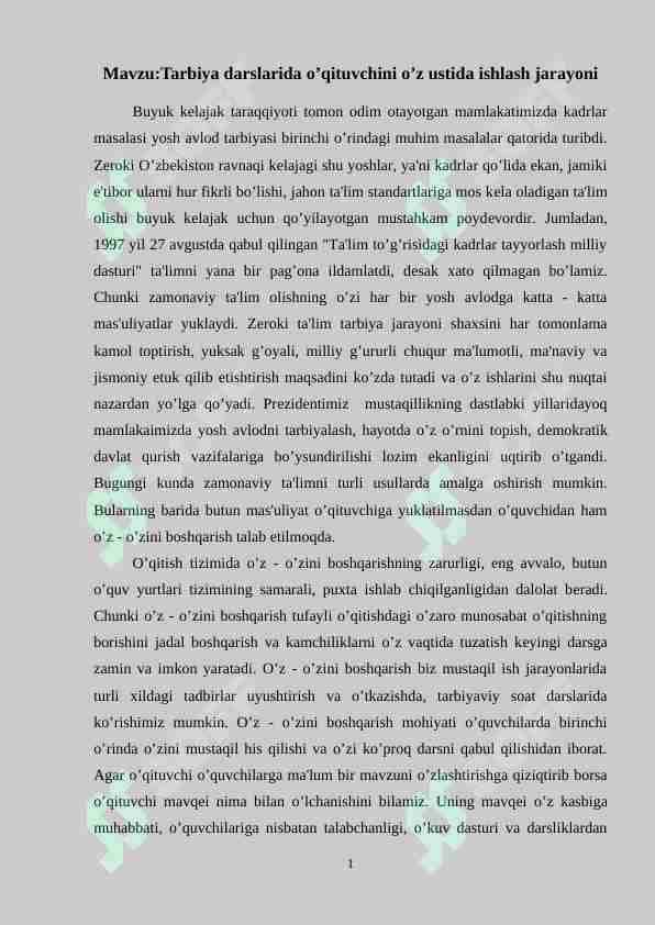 Tarbiya darslarida o’qituvchini o’z ustida ishlash jarayoni