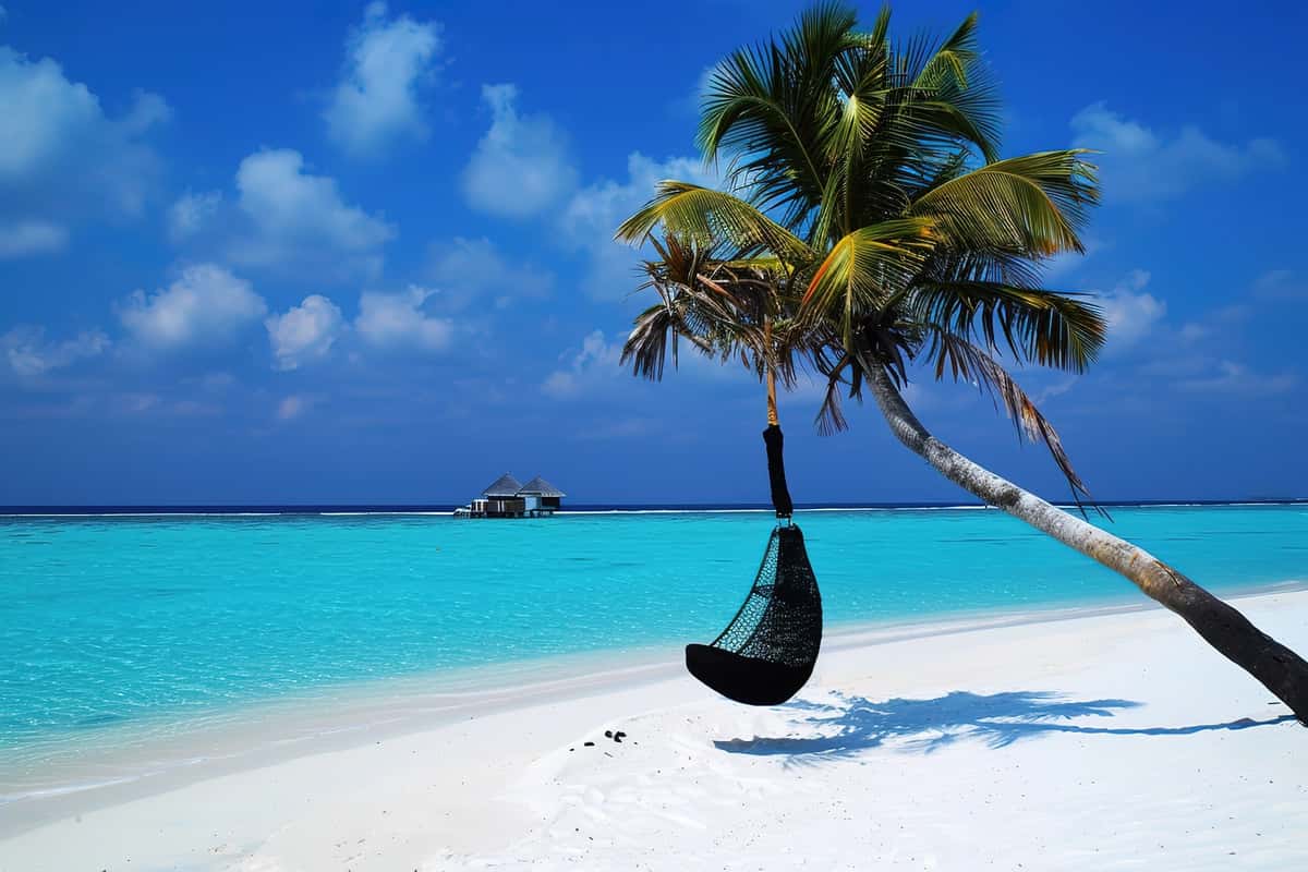 Palma daraxtlari bilan go'zal quyosh botishi plyaj tropik tasvirli vektor | Beautiful sunset beach with palm trees vector illustrationtropical 1
