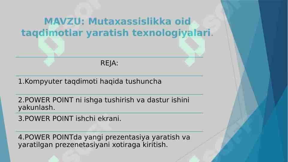 Mutaxassislikka oid taqdimotlar yaratish texnologiyalari.