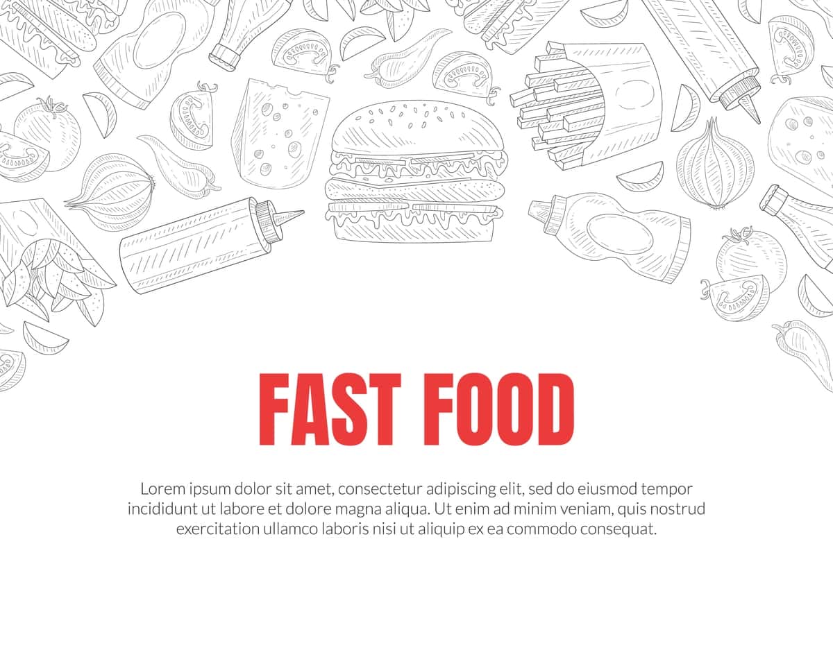 Qo'lda chizilgan tez ovqatlanish restorani vektor kartasi shabloni | Hand drawn fast food restaurant vector card template 1