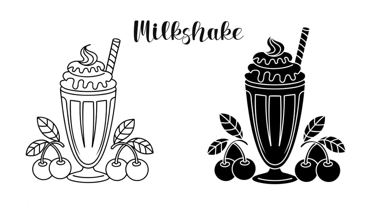 Qora oq sut kokteyli gilos bilan chizilgan rasm | Black white milkshake line art illustration with cherries 1