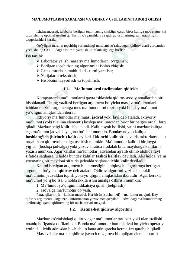 MA’LUMOTLARNI SARALASH VA QIDIRUV USULLARINI TADQIQ QILISH 1