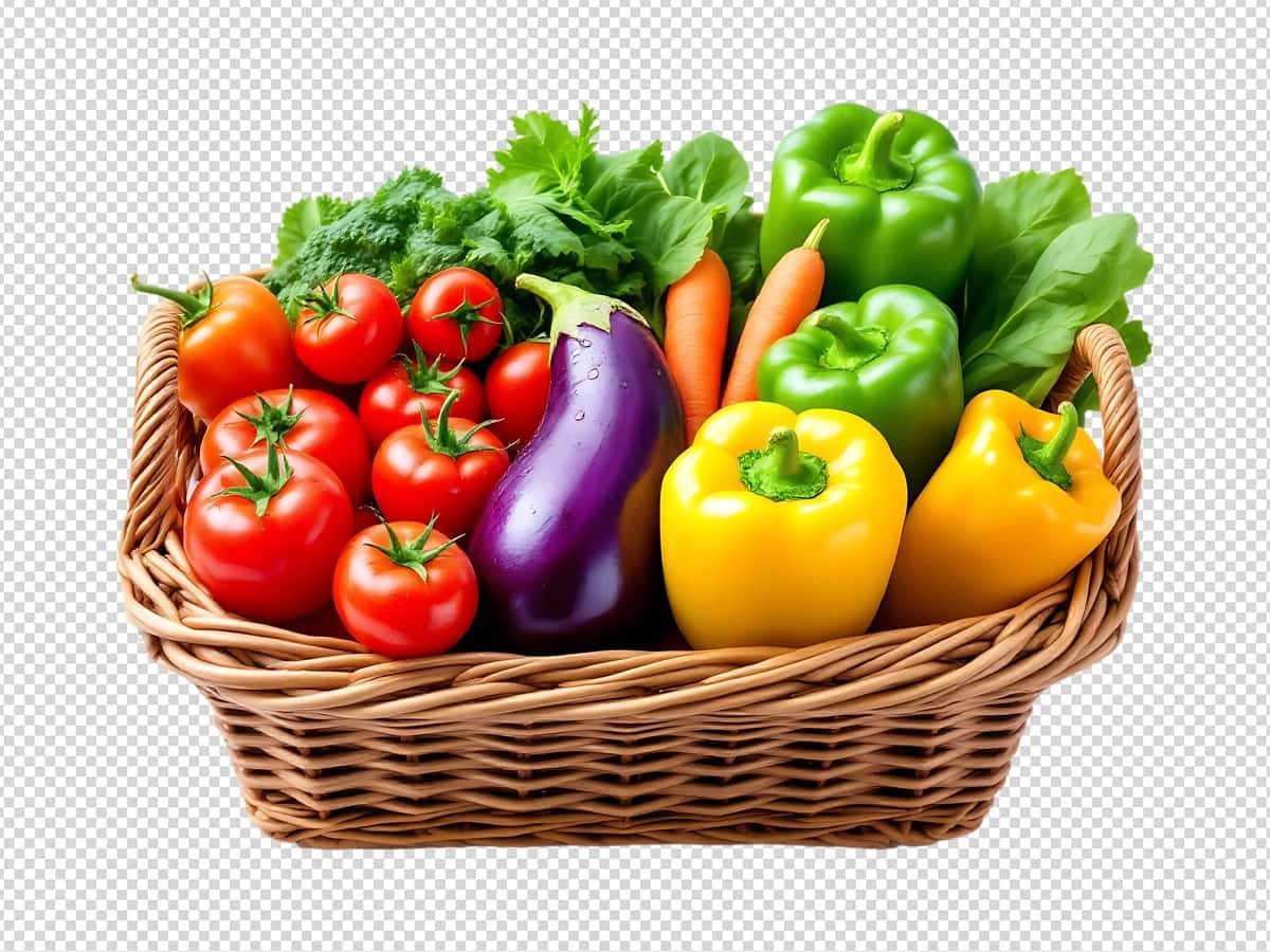 Izolyatsiya qilingan shaffof fonda sabzavotlar bilan to'la savat | Basket full with vegetables isolated transparent background 1