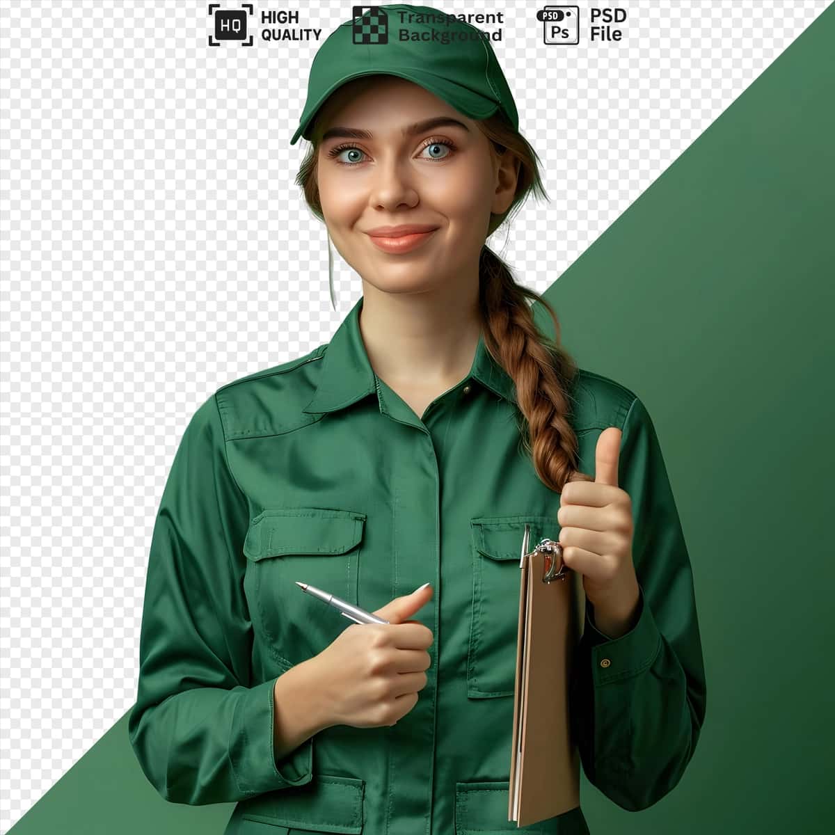 Yashil kombinezon kepkasi kiygan jilmayuvchi ayol ishchi buferni ushlab turibdi | Smiling female worker wearing green jumpsuit cap holding clipboard 1