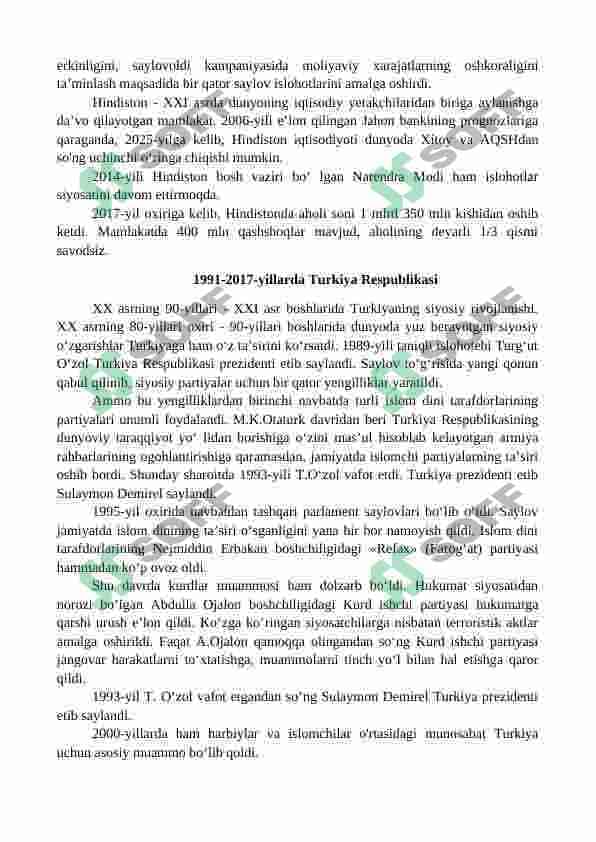 1991-2017 yillarda Hindiston, Turkiya, Eron Islom Respublikasi 2