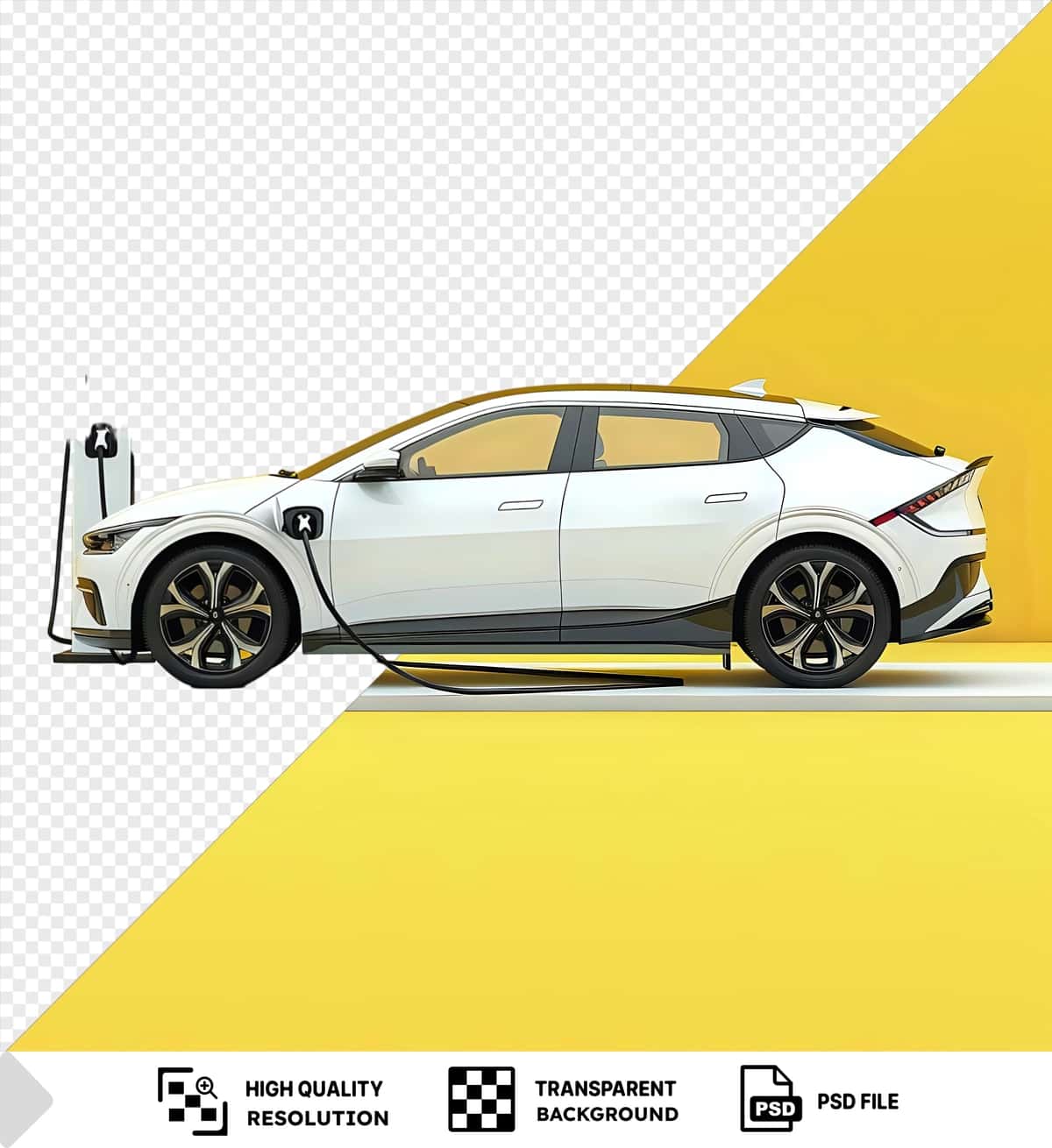Sariq devor fonida oynali oq elektr avtomobil zaryadlash nuqtasi | White electric car charging point with yellow wall background glass 1