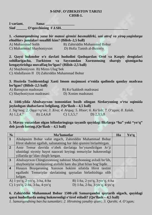 9-sinf O'zbekiston tarixi CHSB-1 orginal javoblari ham bor 4 ta variant