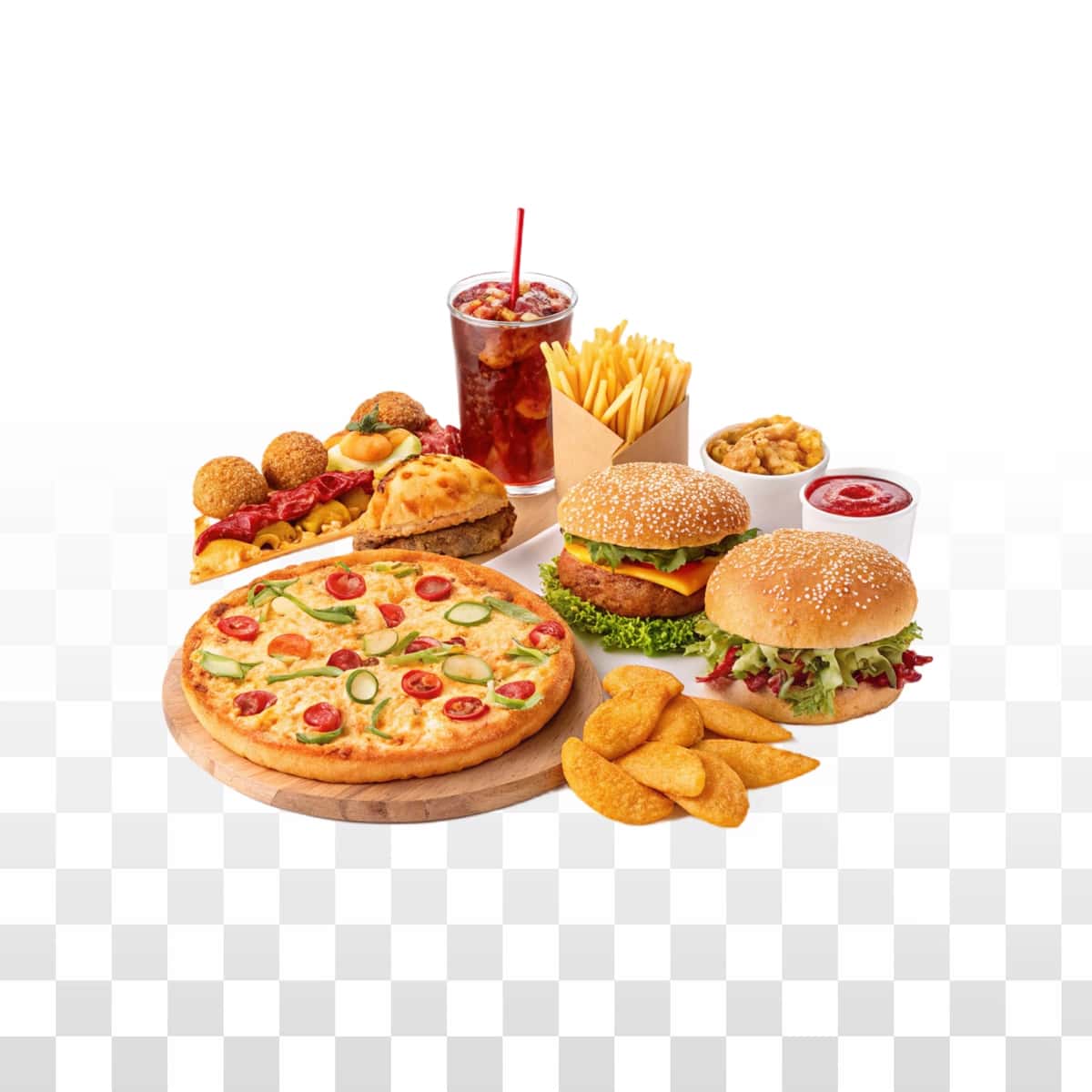 Fast tamaddi qilishga pitsa gamburgerli kartoshkali ichimlik | Fast food meal pizza burgers fries drink 1