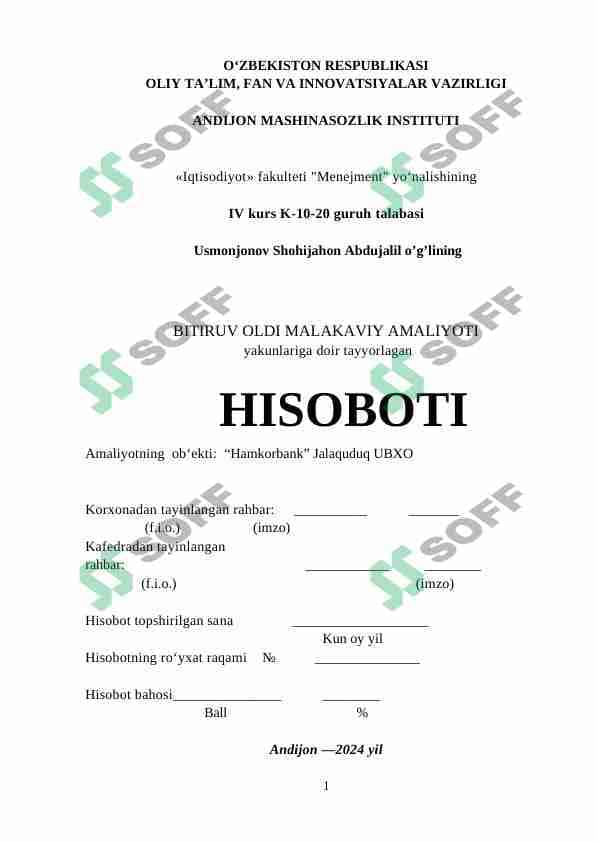 Bitiruv oldi malakaviy amaliyot hisoboti Hamkorbank 1