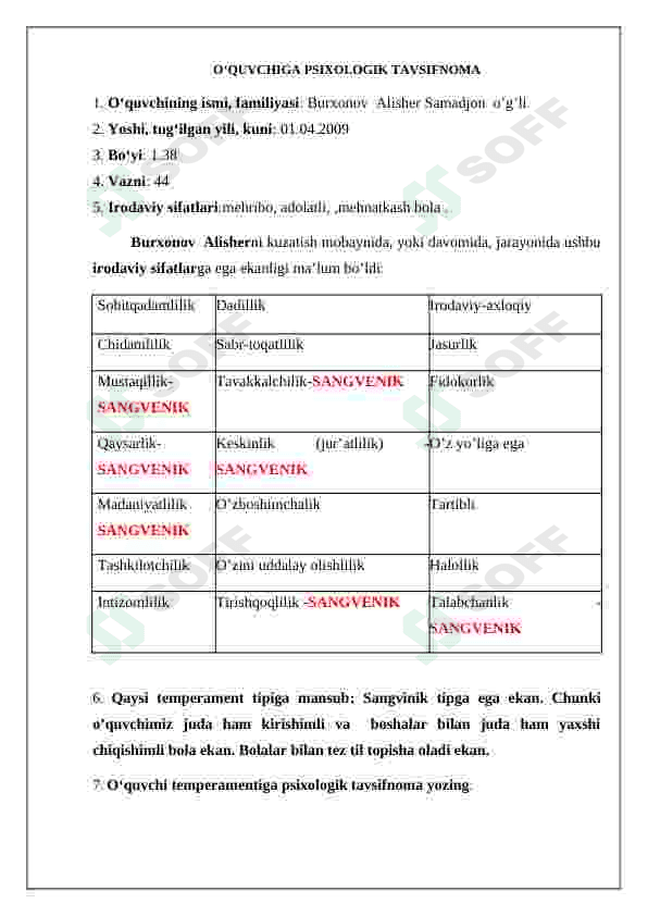 O'QUVCHIGA PSIXOLOGIK TAVSIFNOMA 2