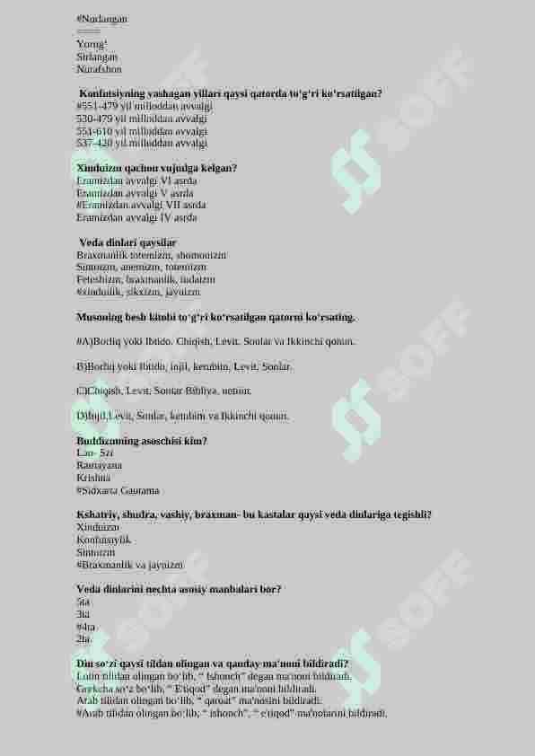 Dinshunoslik fanidan 150 talik test. Javoblari bilan 4
