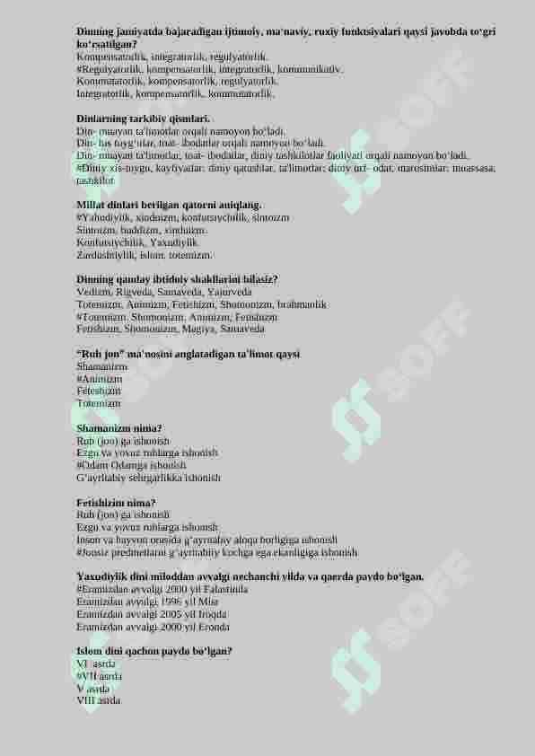 Dinshunoslik fanidan 150 talik test. Javoblari bilan 5