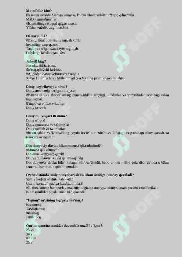 Dinshunoslik fanidan 150 talik test. Javoblari bilan 7