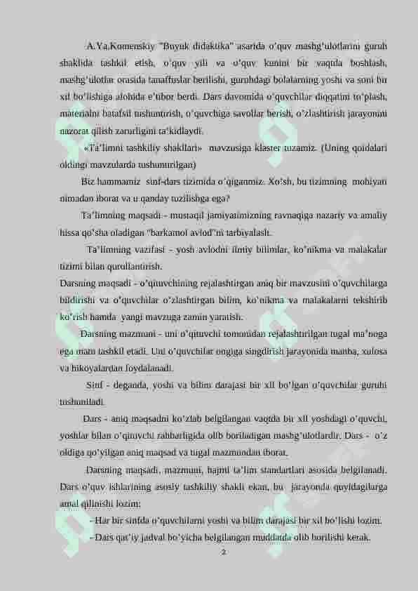 Ta’lim sikllariga mos dars tiplari va ularning tuzilishi 2