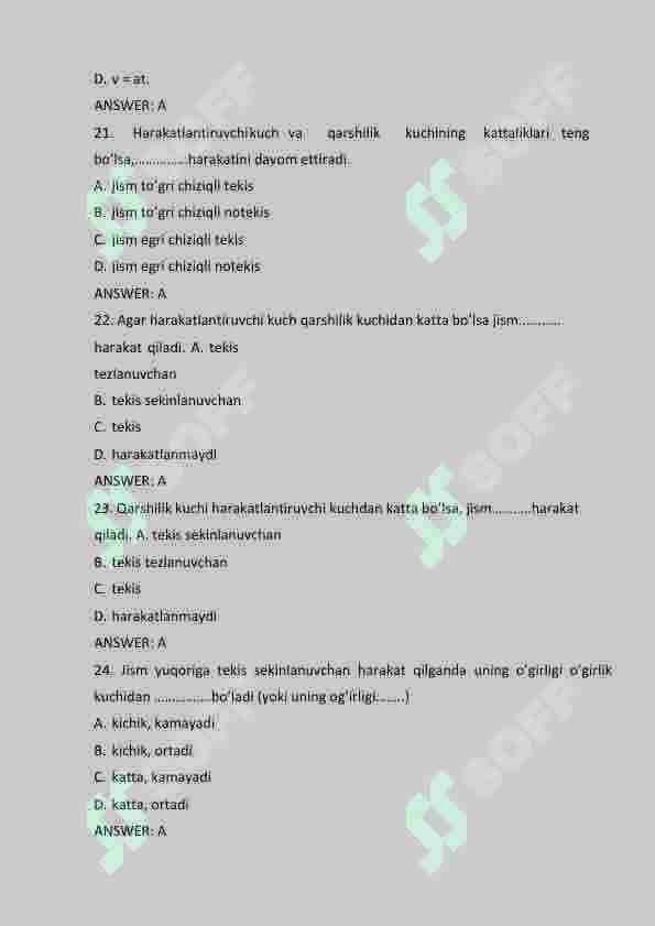 Fizika 224 talik test. Yakuniy savollati TATU. 7