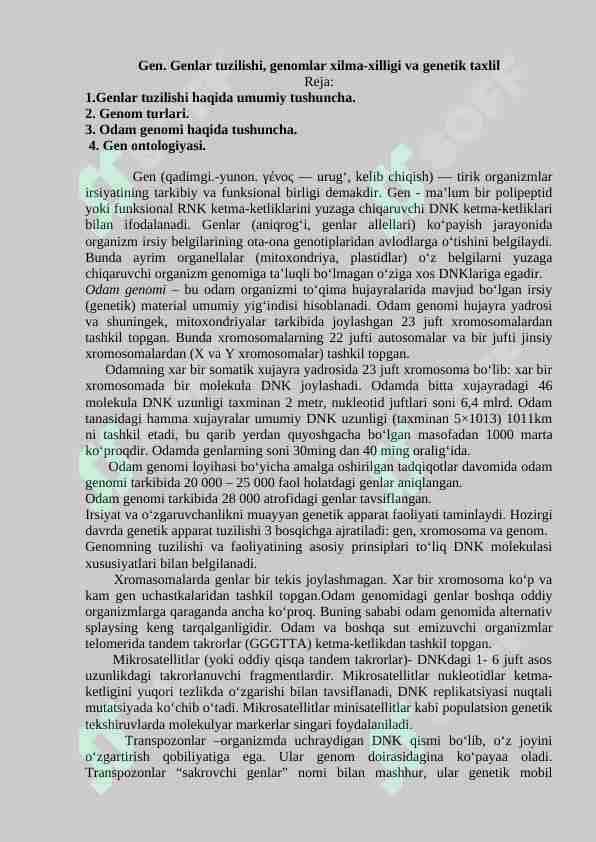 Gen. Genlar tuzilishi, genomlar xilma-xilligi va genetik taxlil