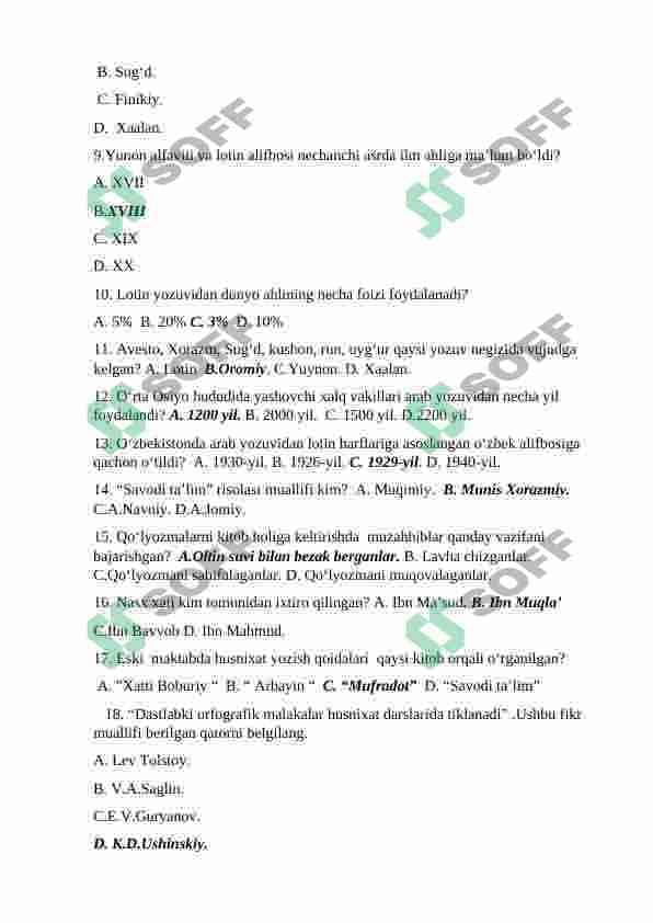 Husnixatga o'rgatish metodikasi fanidan test. 2