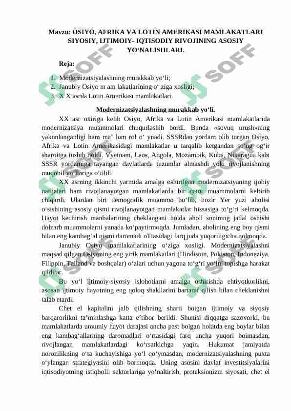 OSIYO, AFRIKA VA LOTIN AMERIKASI MAMLAKATLARI SIYOSIY, IJTIMOIY- IQTISODIY RIVOJINING ASOSIY YO‘NALISHLARI