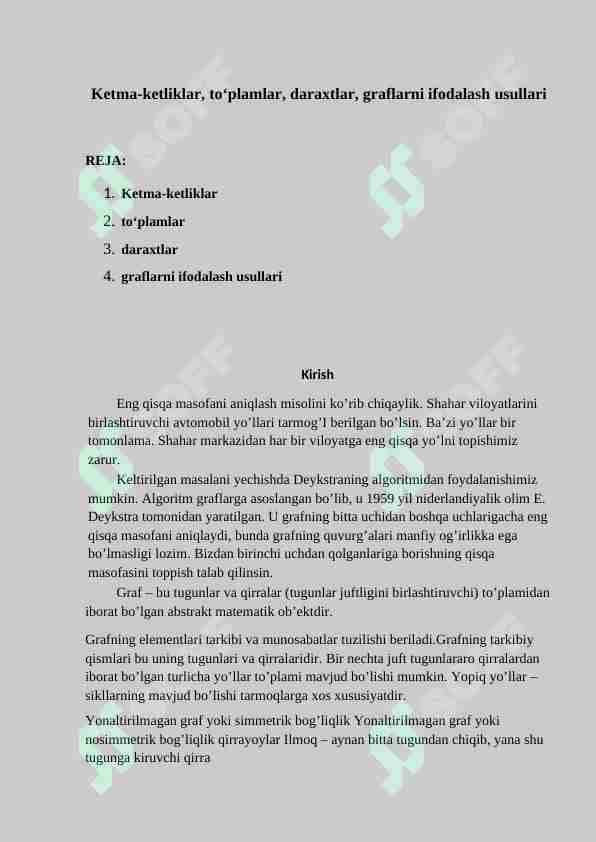 Ketma-ketliklar, to‘plamlar, daraxtlar, graflarni ifodalash usullari