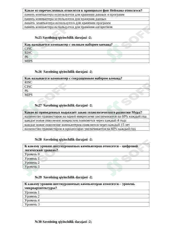 "Kompyuter arxitekturasi" fanidan testlar (rus tilida) 5