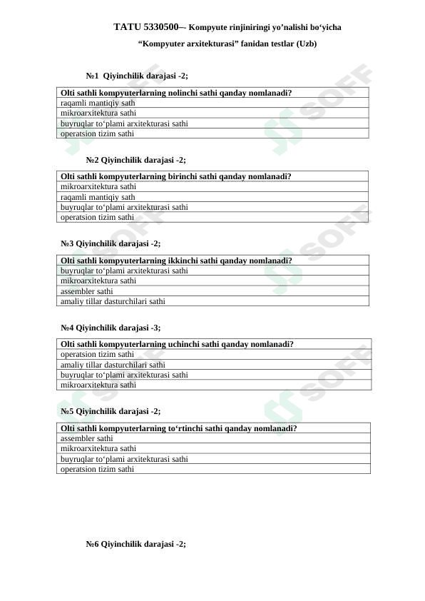 "Kompyuter arxitekturasi" fanidan testlar (uzbek tilida) 1