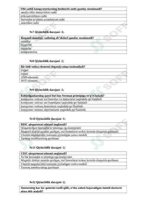 "Kompyuter arxitekturasi" fanidan testlar (uzbek tilida) 2