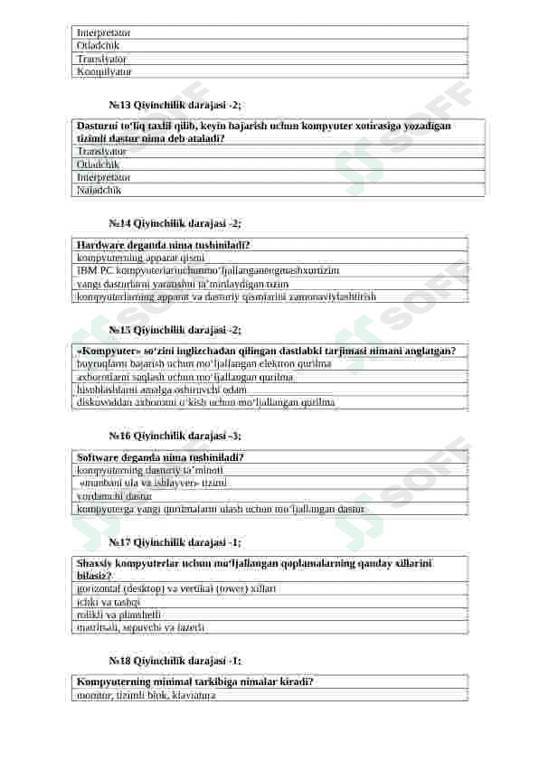 "Kompyuter arxitekturasi" fanidan testlar (uzbek tilida) 3