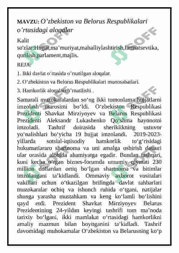O’zbekiston va Belorus Respublikalari o’rtasidagi aloqalar 2