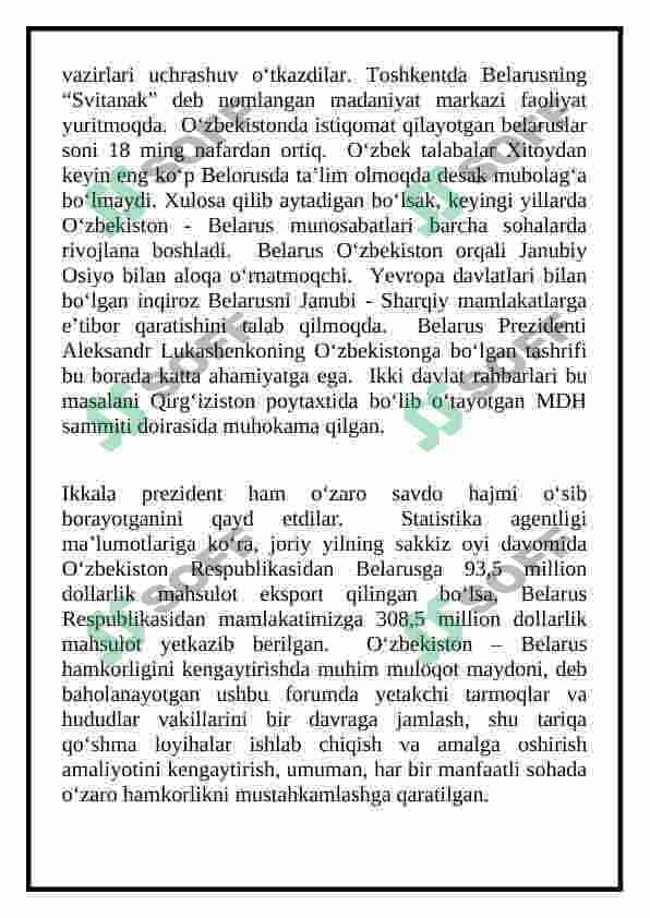 O’zbekiston va Belorus Respublikalari o’rtasidagi aloqalar 5