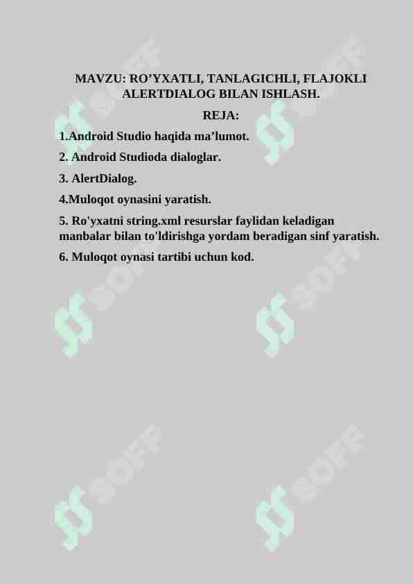 RO’YXATLI, TANLAGICHLI, FLAJOKLI ALERTDIALOG BILAN ISHLASH