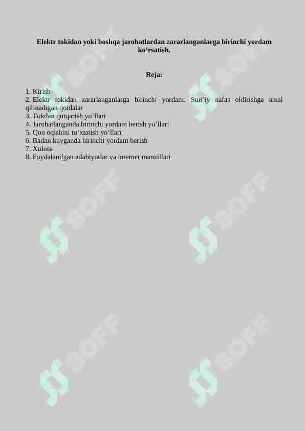 Elektr tokidan yoki boshqa jarohatlardan zararlanganlarga birinchi yordam ko‘rsatish.