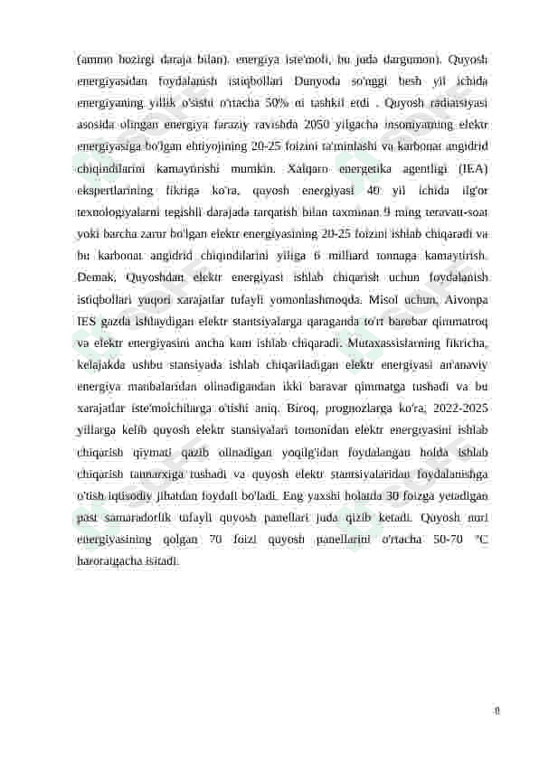 Respublika iqlim sharoitida yuqori samarali fotoelektrik batareyalarning mobil ko’rinishdagi konstruksiyalarini yaratish 8