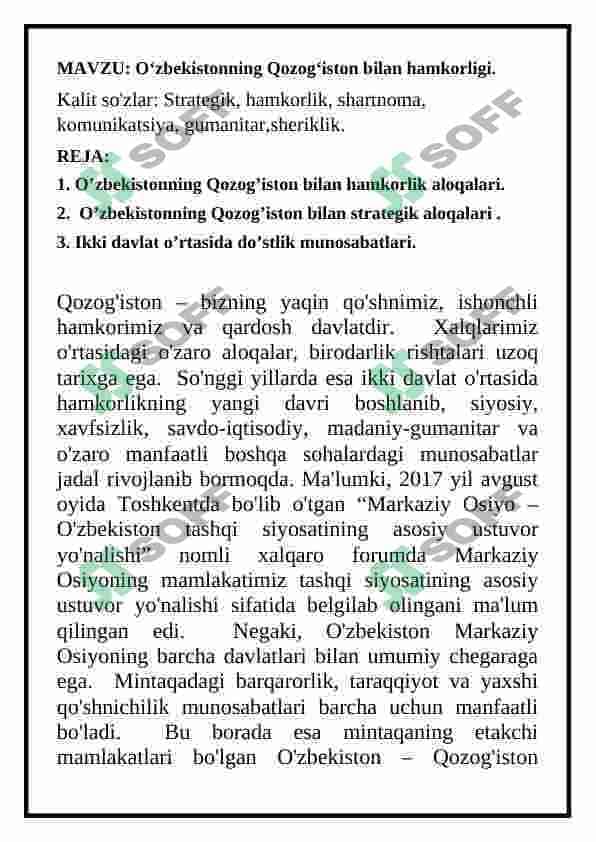 Oʻzbekistonning Qozogʻiston bilan hamkorligi 2