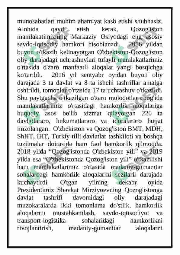 Oʻzbekistonning Qozogʻiston bilan hamkorligi 3