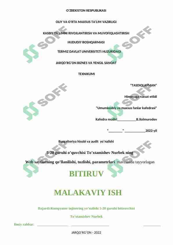 Web saytlarning qo’llanilishi, tuzlishi, parametrlari